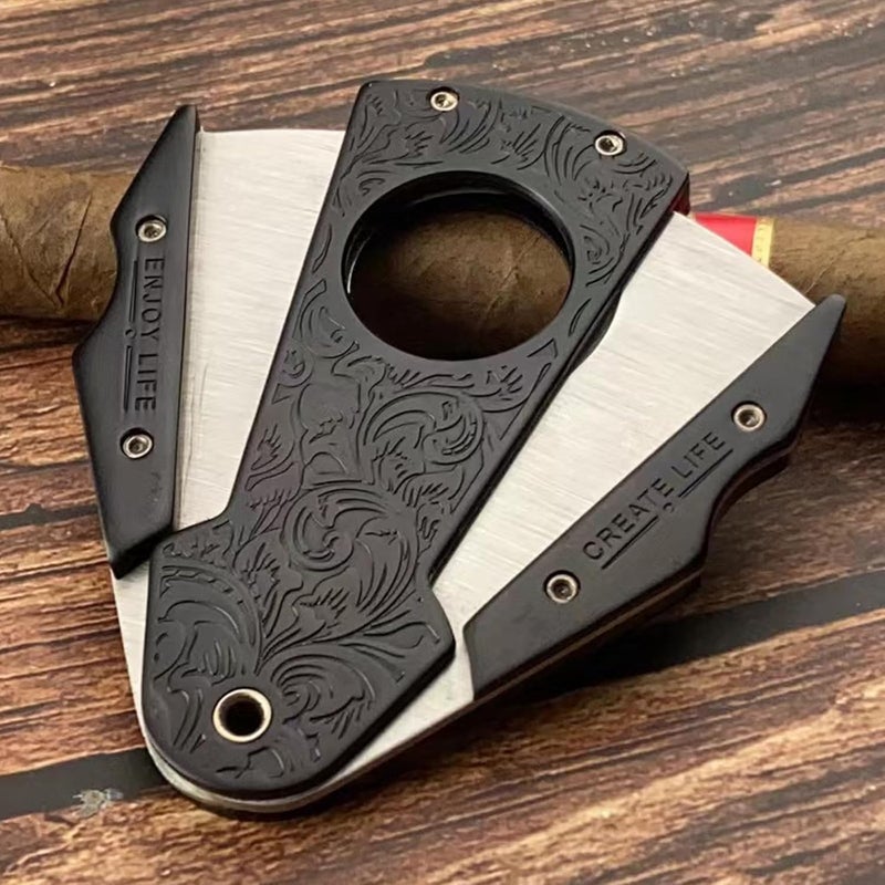 Foxmox Cigar Cutter Guillotine - Heavy Quality Stainless Steel Double Blade Cigar Clipper,Dignified Engraved Pattern with Lock System Cigar Cutters for Men,Cigar Accessories with Gift Box(Black) - Image 3